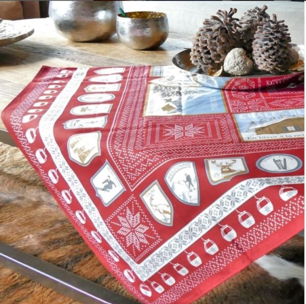 BEAUVILLE, À la Neige. Red French Luxury Winter/Christmas/Holiday Tablecloth, 100 Percent Satin Cotton, 67" x 95" - Image 2