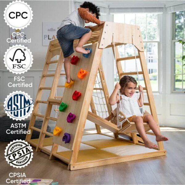 Avenlur Magnolia Indoor Playground 6-in-1 Jungle Gym Montessori Waldorf Style Wooden Climber Playset Slide, Rock Climbing Wall, Rope Wall Climber, Monkey Bars, Swing for Toddlers, Children Kids 2-6yrs Download Images  Configuration - Image 4