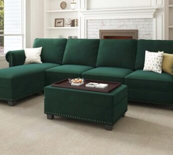 Nolany Velvet Sectional Sofa Set, L Shaped Sectional Couch with Storage Tray Ottoman Convertible 4 Seater Sofa Couch for Living Room, Green Download Images  Configuration