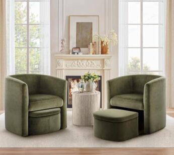 COLAMY Upholstered Velvet Barrel Accent Chair with Storage Ottoman Set of 2, Morden Living Room Side Chair, Single Sofa Armchair with Lounge Seat for Bedroom/Office/Reading Spaces, Green Download Images  Configuration